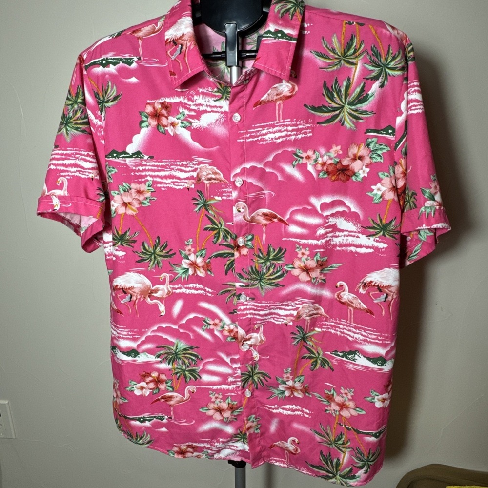 SSLR Men's  Summer Hawaiian Button  Down Flamingo Pink Shirt L